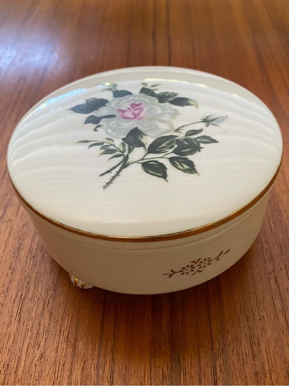 Vintage Porcelain Floral Trinket Box with Gold Trim and Gilded Clawfeet